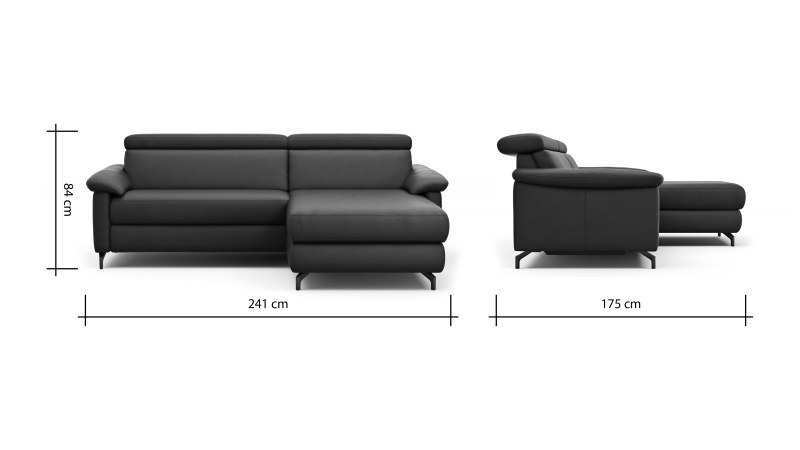 Ecksofa Paulina - 1-Sitzer mit Longchair rechts, Kopfteil verstellbar motorisch, TV-Funktion motorisch, Leder, Schwaz