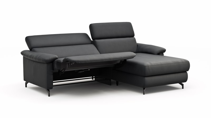 Ecksofa Paulina - 1-Sitzer mit Longchair rechts, Kopfteil verstellbar motorisch, TV-Funktion motorisch, Leder, Schwaz