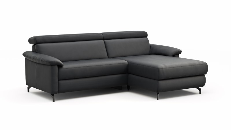 Ecksofa Paulina - 1-Sitzer mit Longchair rechts, Kopfteil verstellbar motorisch, TV-Funktion motorisch, Leder, Schwaz