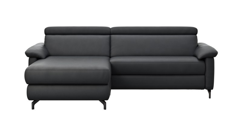 Ecksofa Paulina - Longchair links und 1-Sitzer, Kopfteil verstellbar motorisch, TV-Funktion motorisch, Leder, Schwarz