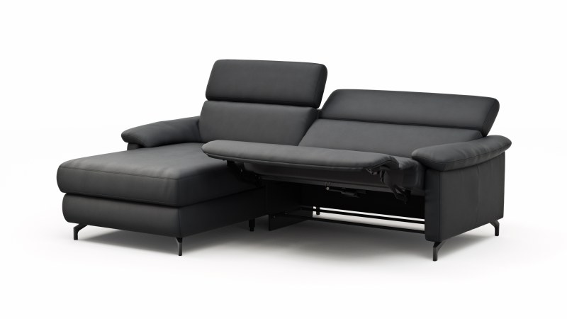 Ecksofa Paulina - Longchair links und 1-Sitzer, Kopfteil verstellbar motorisch, TV-Funktion motorisch, Leder, Schwarz