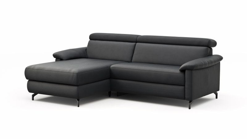Ecksofa Paulina - Longchair links und 1-Sitzer, Kopfteil verstellbar motorisch, TV-Funktion motorisch, Leder, Schwarz