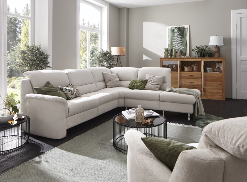Ecksofa Cornella Plus - 2-Sitzer links mit Ecke und Abschlussteil rechts inkl. Relaxfunktion (motorisch), Kopfteilverstellung, Stoff, Creme
