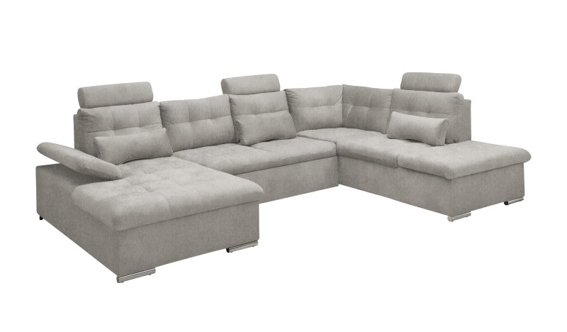 Wohnlandschaft-  Recamiere links, 2-Sitzer, Ottomane rechts, Schlaffunktion, Bettkasten,  Armteilverstellung,Flachgewebe, Taupe
