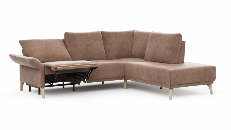 Ecksofa Rosario - 2-Sitzer mit Ecke rechts inkl. Relaxfunktion (motorisch), Sitzvorzug und Armlehne klappbar, Stoff, Cognac