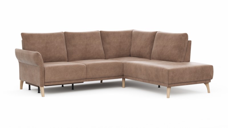Ecksofa Rosario - 2-Sitzer mit Ecke rechts inkl. Relaxfunktion (motorisch), Sitzvorzug und Armlehne klappbar, Stoff, Cognac