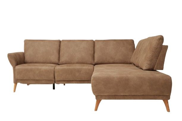 Ecksofa Rosario - 2-Sitzer mit Ecke rechts inkl. Relaxfunktion (motorisch), Sitzvorzug und Armlehne klappbar, Stoff, Cognac
