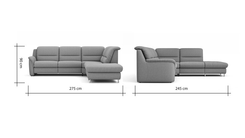 Ecksofa Cornella Plus - 2-Sitzer links mit Ecke und Abschlussteil rechts, Stoff, Granit