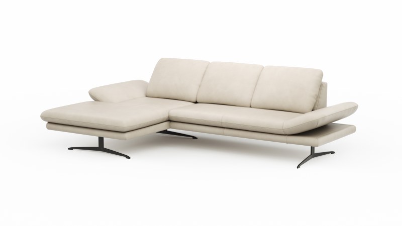 Ecksofa Hubertus - Longchair links mit 2-Sitzer, Armlehne verstellbar, Leder, Creme