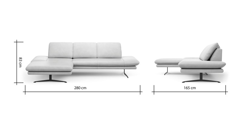 Ecksofa Hubertus - Longchair links mit 2-Sitzer, Armlehne verstellbar, Leder, Creme