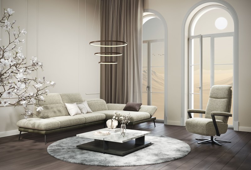 Ecksofa Elena - 2,5-Sitzer und Longchair rechts, Kopfteil/Armlehne verstellbar, Stoff Limette