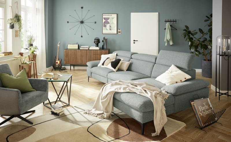Ecksofa Felipa - 3-Sitzer mit Longchair rechts inkl. Relaxfunktion (motorisch), Armlehne und Kopfteil verstellbar, Stoff, Graugrün