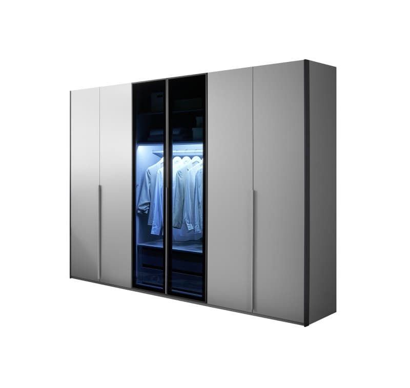 Drehtürenschrank EM Lascala 6-türig - mit Beleuchtung und Schubkasteneinsatz, B. ca. 300 cm, seidengrau, Glas