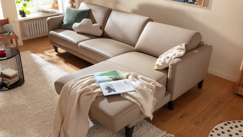 Ecksofa Matero - 2,5-Sitzer mit Longchair rechts inkl. Relaxfunktion motorisch, Leder, Taupe