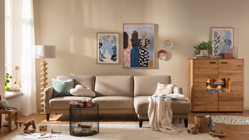 Ecksofa Matero - 2,5-Sitzer mit Longchair rechts inkl. Relaxfunktion motorisch, Leder, Taupe