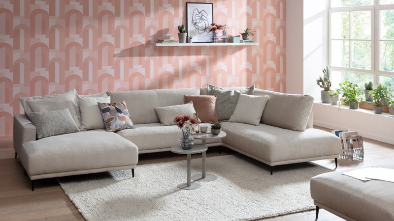 Wohnlandschaft Solero - Longchair mit 2-Sitzer und Ecke rechts, Stoff, Natur