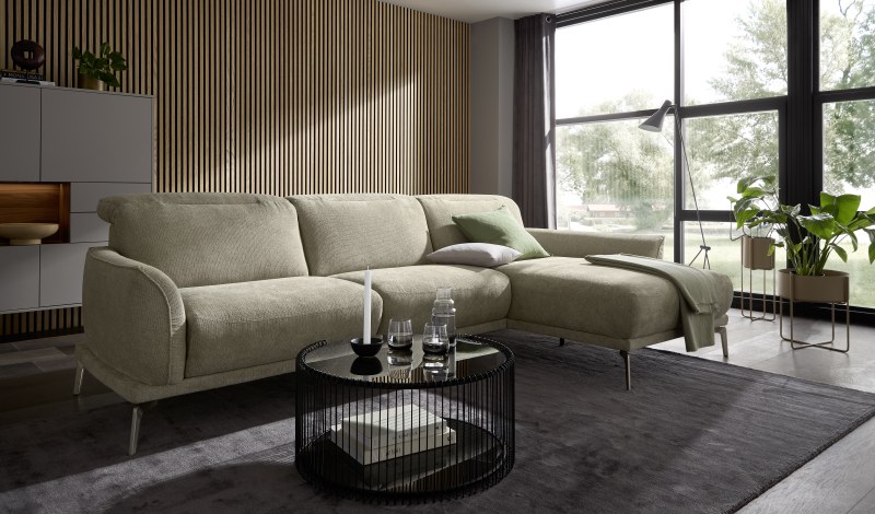 Ecksofa Amadena - 2-Sitzer mit Longchair rechts inkl. Kopfteilverstellung, Stoff, Limone