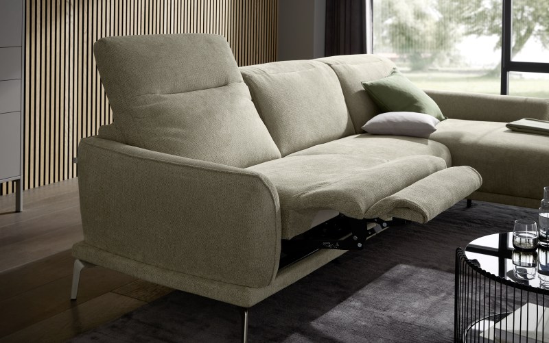 Ecksofa Amadena - 2-Sitzer mit Longchair rechts inkl. Kopfteilverstellung, Stoff, Limone