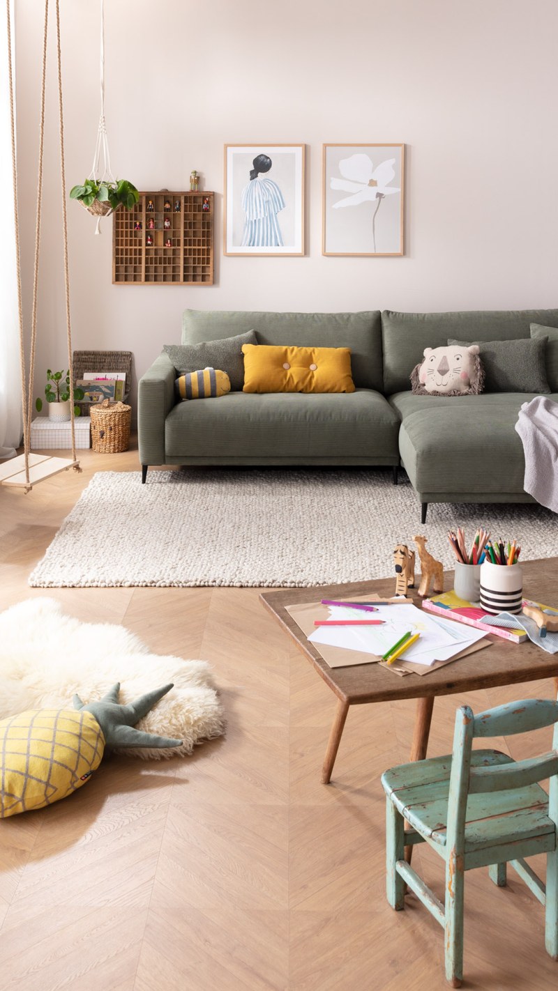 Ecksofa Solero - Longchair groß mit 1,5-Sitzer rechts, Stoff, Olivgrün