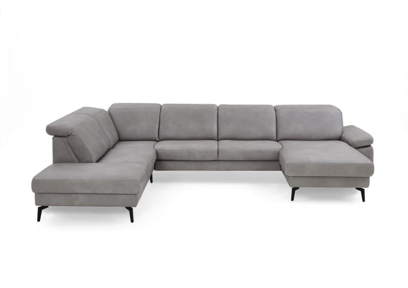 Wohnlandschaft - Ecke links mit 2,5-Sitzer und Longchair rechts, Kopfteil verstellbar, Leder, Grau