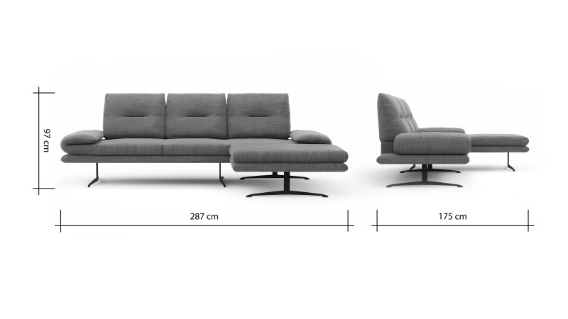 Ecksofa Lucero - 2-Sitzer mit Longchair rechts inkl. Rückenlehne/ Sitztiefe/ Armlehne verstellbar und Drehsitz, Stoff, Grau