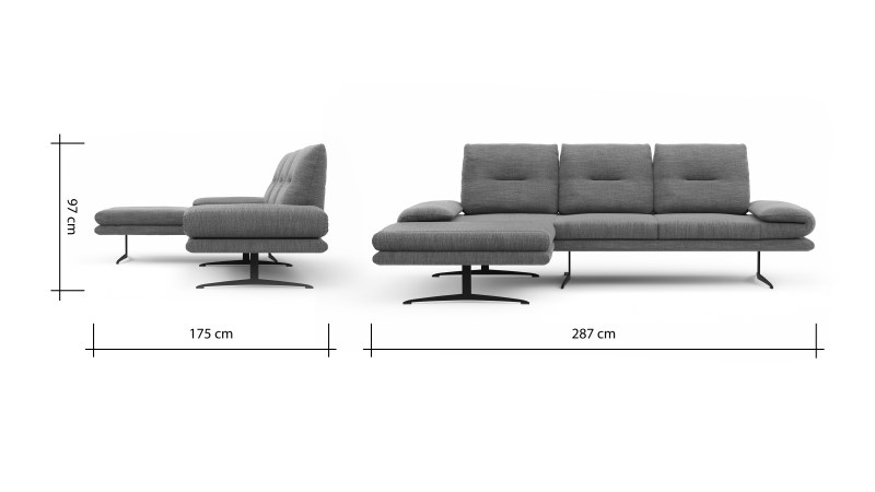 Ecksofa Lucero - Longchair mit 2-Sitzer rechts, Stoff, Grau