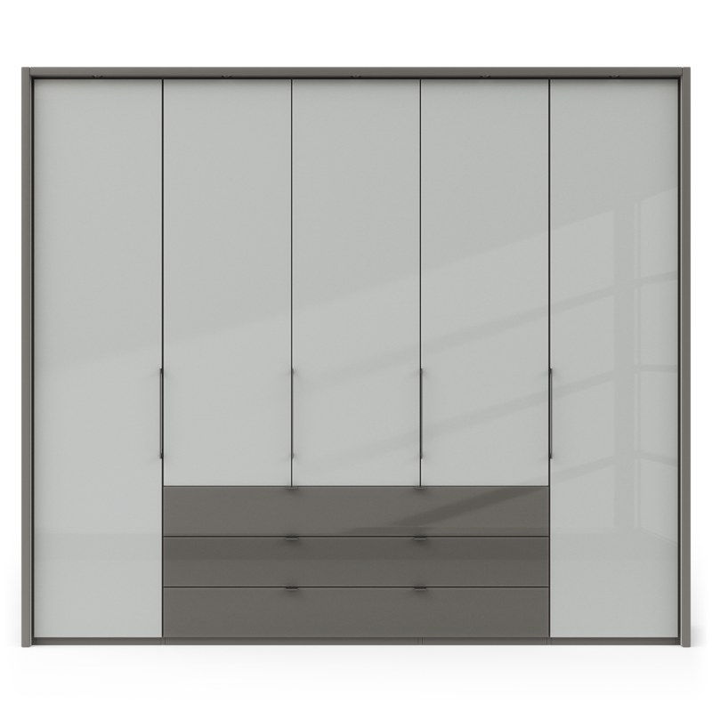 Drehtürenschrank Marbella - B. ca. 257cm, Korpus Melamin, Grau, Front Glas, Weiß