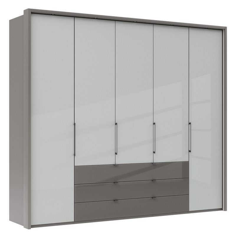 Drehtürenschrank Marbella - B. ca. 257cm, Korpus Melamin, Grau, Front Glas, Weiß