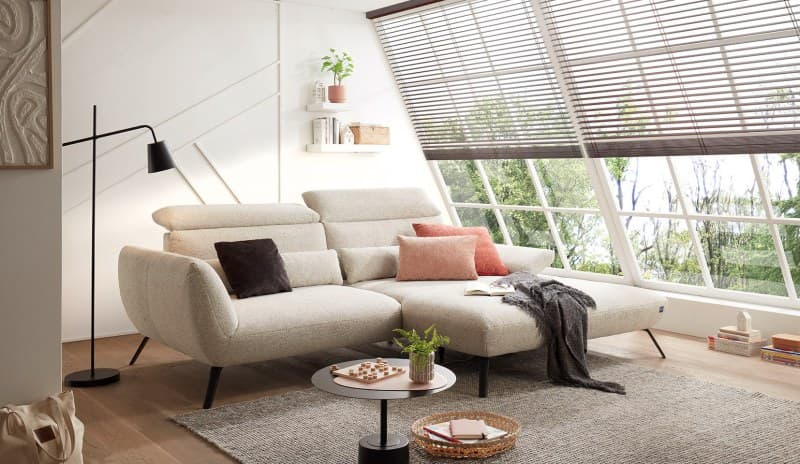 Ecksofa EM Lamego - Rückenlehne, Kopfteil und Armteil verstellbar, Stoff, Beige