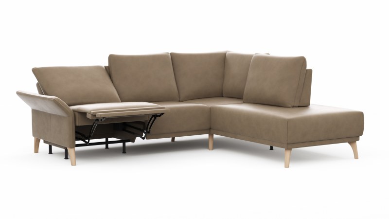 Ecksofa Rosario - 2-Sitzer mit Ecke rechts inkl. Relaxfunktion (motorisch), Sitzvorzug und Armlehne klappbar, Leder, Rauchbraun