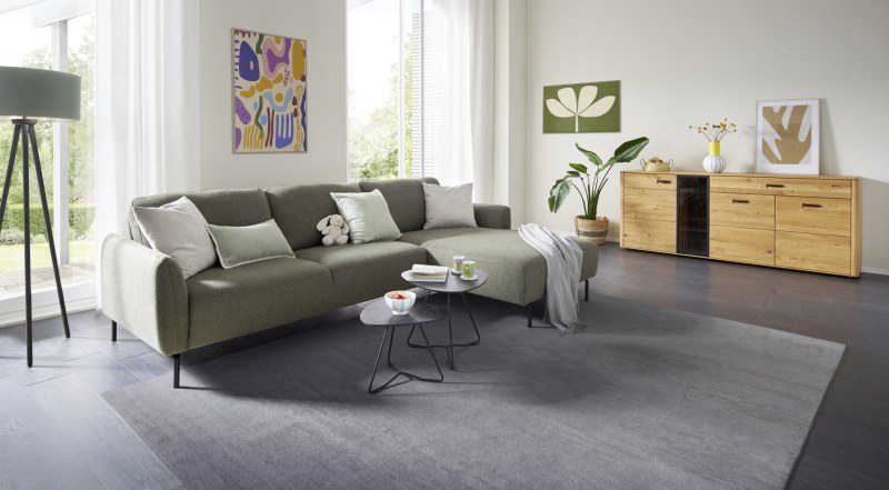Ecksofa Leona - 3-Sitzer mit Longchair rechts inkl. Sitzvorzug motorisch, Stoff, Braungrün