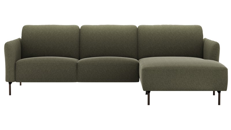 Ecksofa Leona - 3-Sitzer mit Longchair rechts inkl. Sitzvorzug motorisch, Stoff, Braungrün