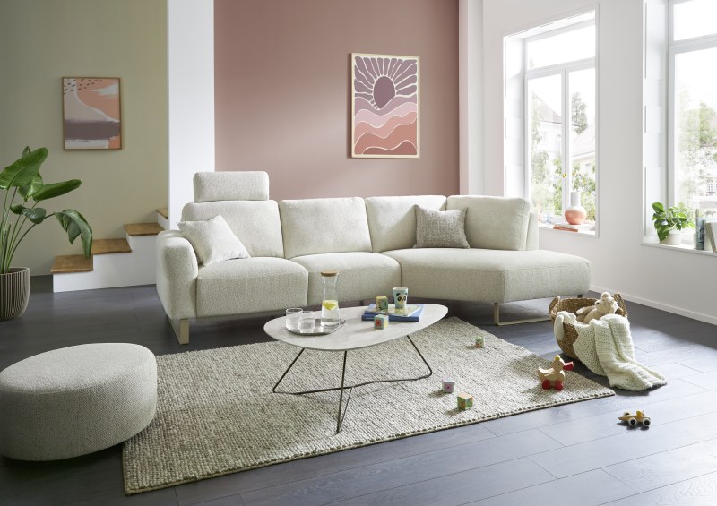 Ecksofa Leona - 2,5-Sitzer mit Ecke rechts inkl. Relaxfunktion motorisch, Stoff, Creme