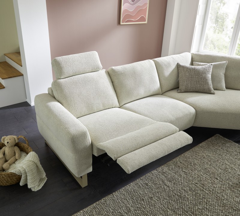 Ecksofa Leona - 2,5-Sitzer mit Ecke rechts inkl. Relaxfunktion motorisch, Stoff, Creme