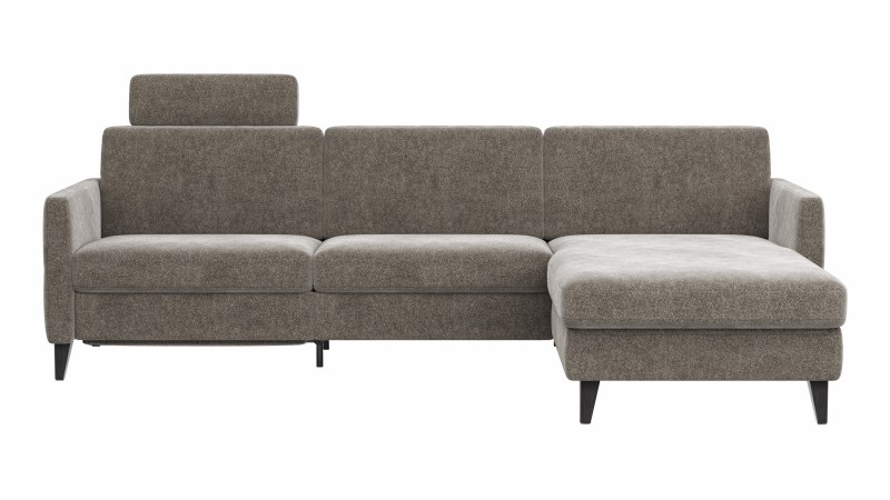 Ecksofa Arima N - 2,5-Sitzer mit Longchair rechts inkl. Relaxfunktion und Kopfstütze motorisch, Stoff, Mocca