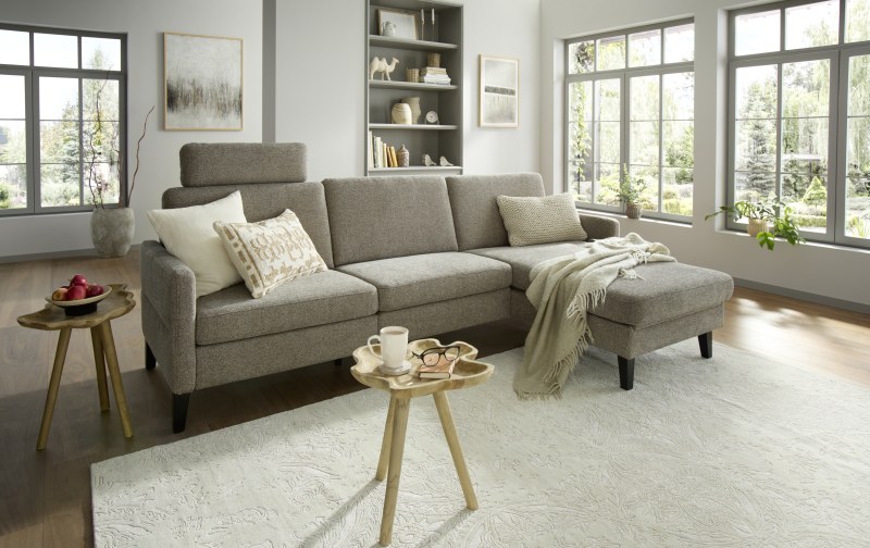 Ecksofa Arima N - 2,5-Sitzer mit Longchair rechts inkl. Relaxfunktion und Kopfstütze motorisch, Stoff, Mocca
