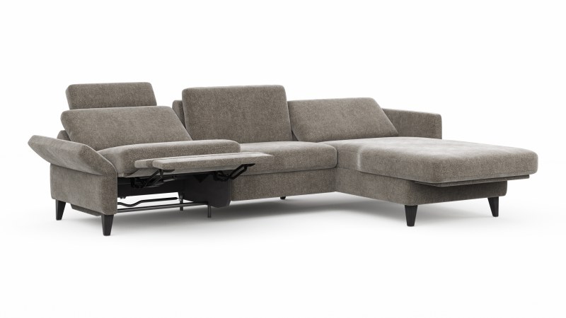 Ecksofa Arima N - 2,5-Sitzer mit Longchair rechts inkl. Relaxfunktion und Kopfstütze motorisch, Stoff, Mocca