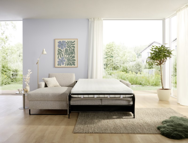 Schlafsofa Laredo - Longchair mit 2-Sitzer rechts inkl. Schlaffunktion mit Bettkasten, Stoff, Graubeige