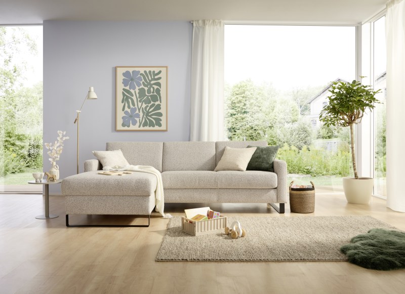 Schlafsofa Laredo - Longchair mit 2-Sitzer rechts inkl. Schlaffunktion mit Bettkasten, Stoff, Graubeige