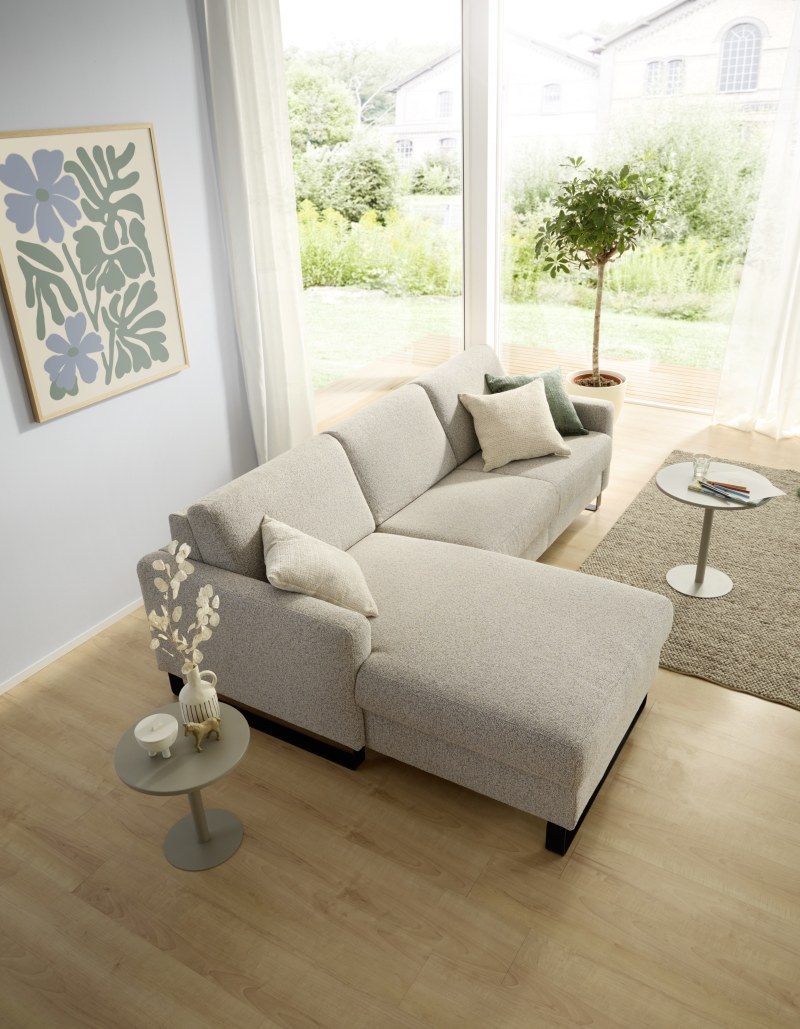 Schlafsofa Laredo - Longchair mit 2-Sitzer rechts inkl. Schlaffunktion mit Bettkasten, Stoff, Graubeige