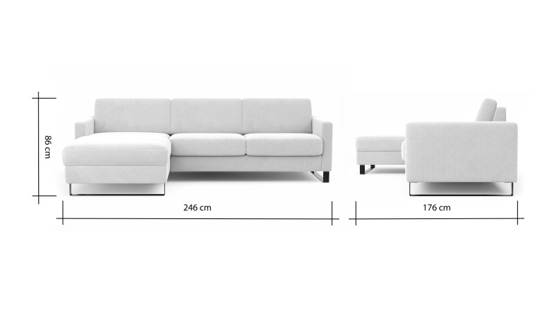 Schlafsofa Laredo - Longchair mit 2-Sitzer rechts inkl. Schlaffunktion mit Bettkasten, Stoff, Graubeige