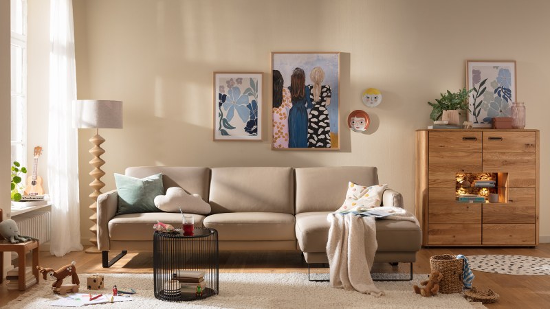 Ecksofa Matero - 2,5-Sitzer mit Longchair rechts, Stoff, Hellgrau