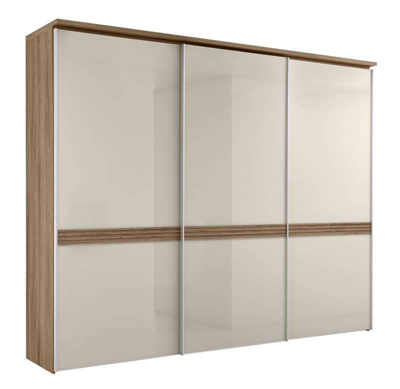 Schwebetürenschrank 3-türig EM Armadio -  B. ca. 280 cm, Dekor Trentino Eiche, Elfenbeinglas