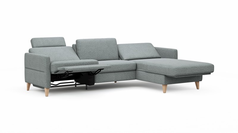Ecksofa Arima N - 2,5-Sitzer, Longchair rechts, Relaxfunktion, Sitzvorzug (motorisch), Stoff, Hellgrau