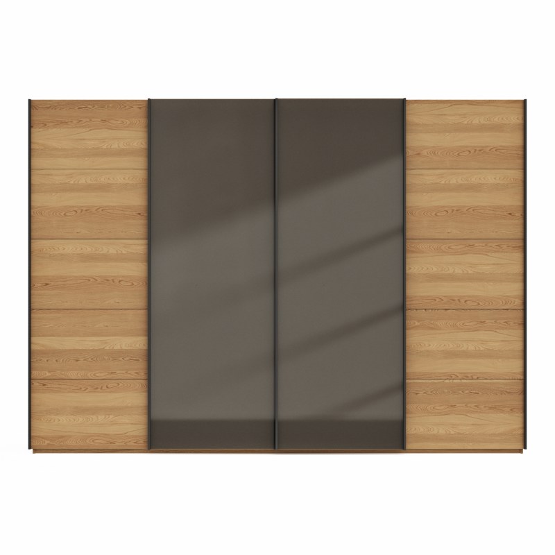 Schwebetürenschrank Lenoso - B. ca. 330 cm, Eiche massiv, Glas, Graubraun