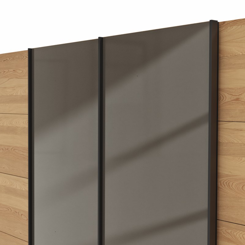 Schwebetürenschrank Lenoso - B. ca. 330 cm, Eiche massiv, Glas, Graubraun