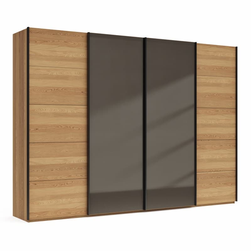 Schwebetürenschrank Lenoso - B. ca. 330 cm, Eiche massiv, Glas, Graubraun