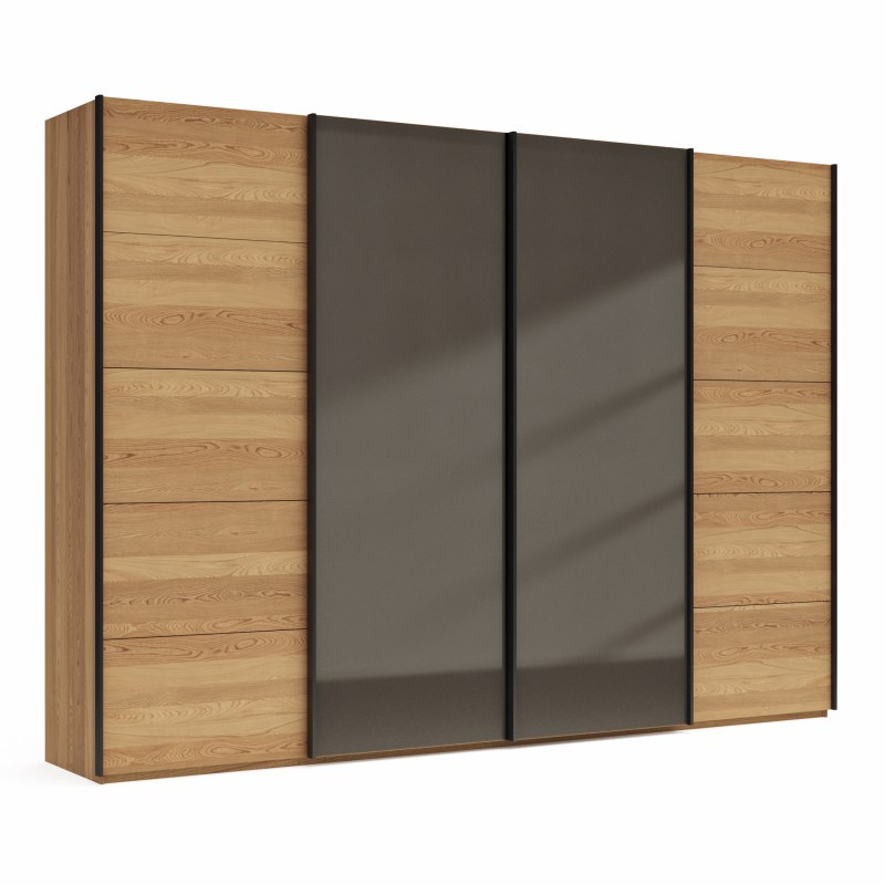 Schwebetürenschrank Lenoso - B. ca. 330 cm, Eiche massiv, Glas, Graubraun