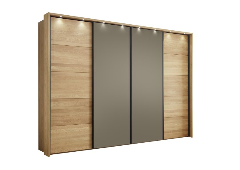 Schwebetürenschrank Lenoso - B. ca. 340 cm, Eiche massiv, Glas, Graubraun