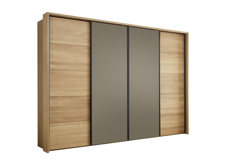 Schwebetürenschrank Lenoso - B. ca. 340 cm, Eiche massiv, Glas, Graubraun